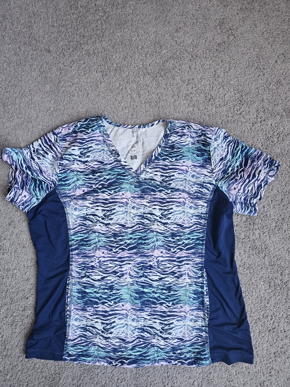 Patterned V-Neck Top in Teal, Navy & Lavender Scrubs